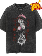 Men's Retro Washed T-Shirt - Loose Fit Anime Design with Pink/Red Floral Accents, 230g Cotton Streetwear