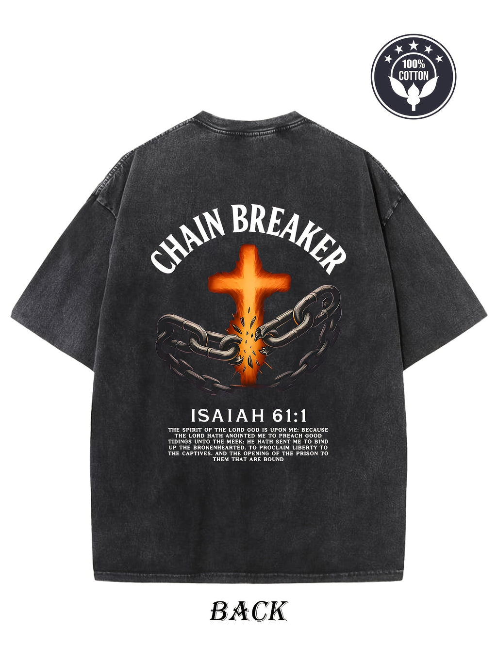 Heavyweight 250g vintage washed cotton T-shirt - featuring a chain breaker Christian faith pattern, printed with Isaiah 58:1 Bible verse double-sided print, drop shoulder loose fit, unisex streetwear, casual church attire and daily wear, hip-hop style, du
