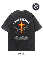 Heavyweight 250g vintage washed cotton T-shirt - featuring a chain breaker Christian faith pattern, printed with Isaiah 58:1 Bible verse double-sided print, drop shoulder loose fit, unisex streetwear, casual church attire and daily wear, hip-hop style, du