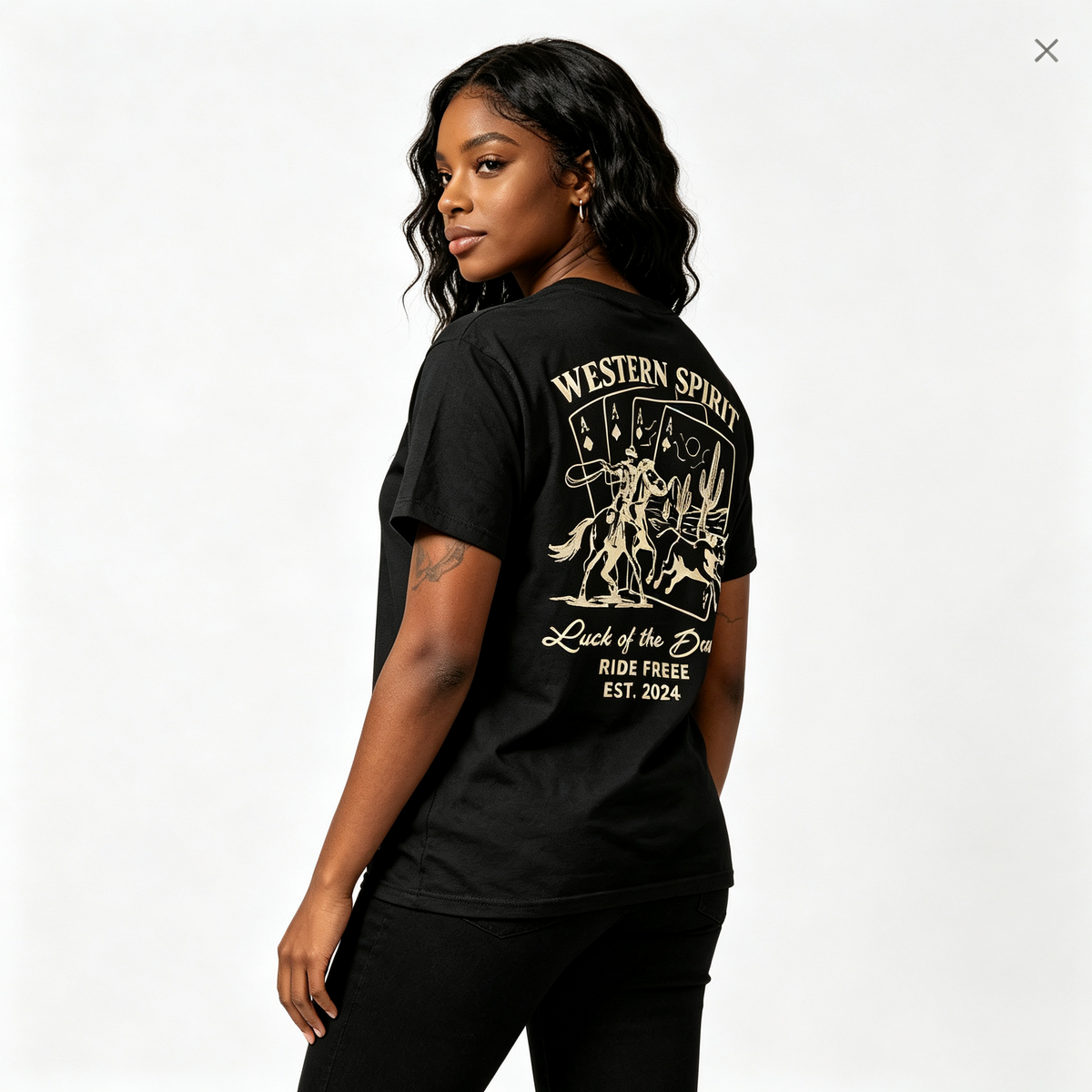 Western Spirit Women's Short-Sleeve Cotton T-Shirt – Double-Sided Print (Playing Cards & Cactus / Vintage Western Style)