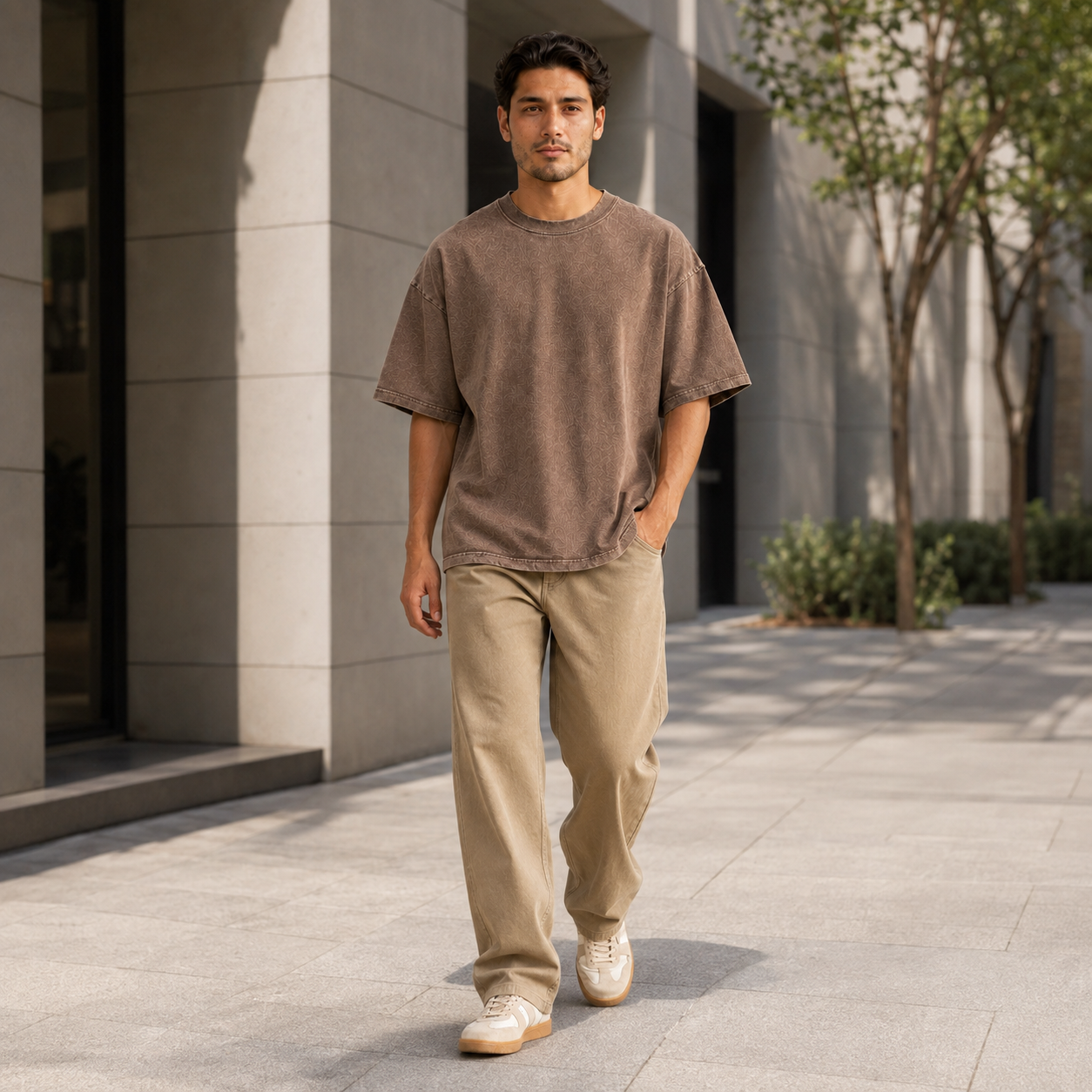 Washed Brown Loose-Fit Short-Sleeve Tee | Heavyweight Cotton T-Shirt with Retro Street Style