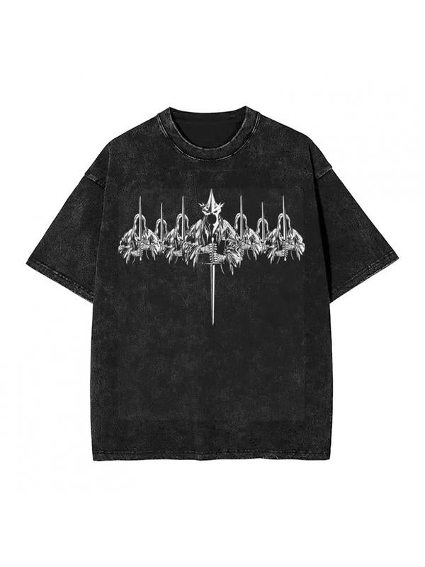 Couples Vintage Washed Printed T Shirt Featuring Abstract Symbolic Design With Spikes And Feathers Crew Neck Short Sleeve Regular Fit Straight Hem Graphic Tee
