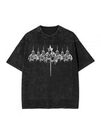 Couples Vintage Washed Printed T Shirt Featuring Abstract Symbolic Design With Spikes And Feathers Crew Neck Short Sleeve Regular Fit Straight Hem Graphic Tee