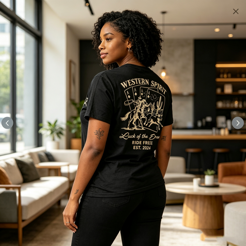 Western Spirit Women's Short-Sleeve Cotton T-Shirt – Double-Sided Print (Playing Cards & Cactus / Vintage Western Style)