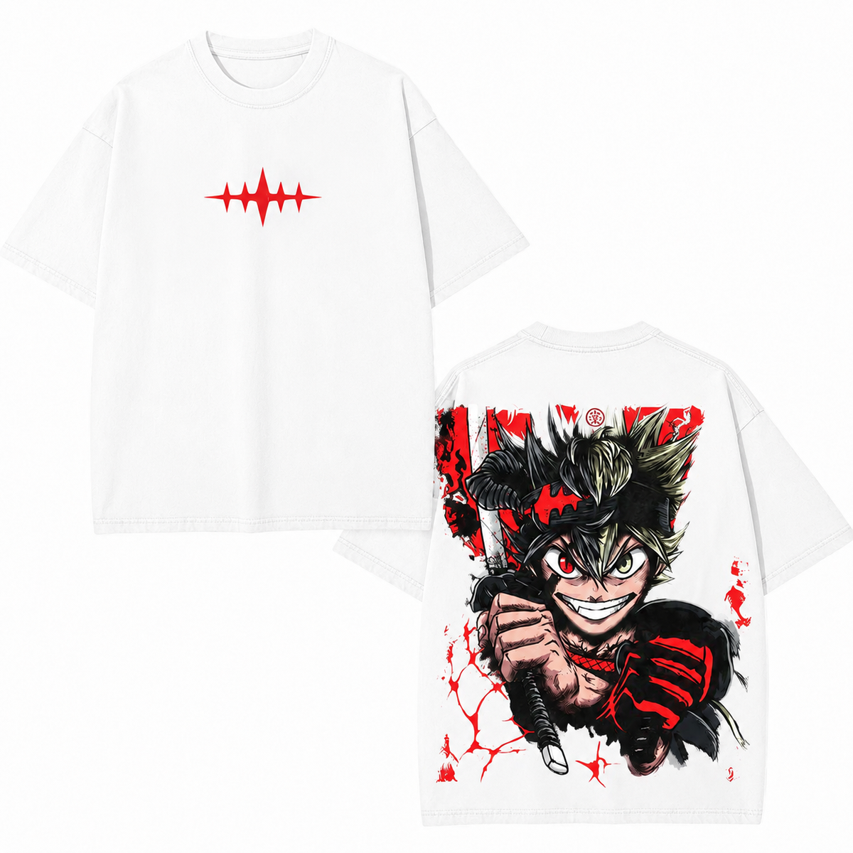 American-style acid-washed distressed black T-shirt featuring Asta (Black Clover) with front and back prints; heavyweight, oversized, unisex vintage anime tee.