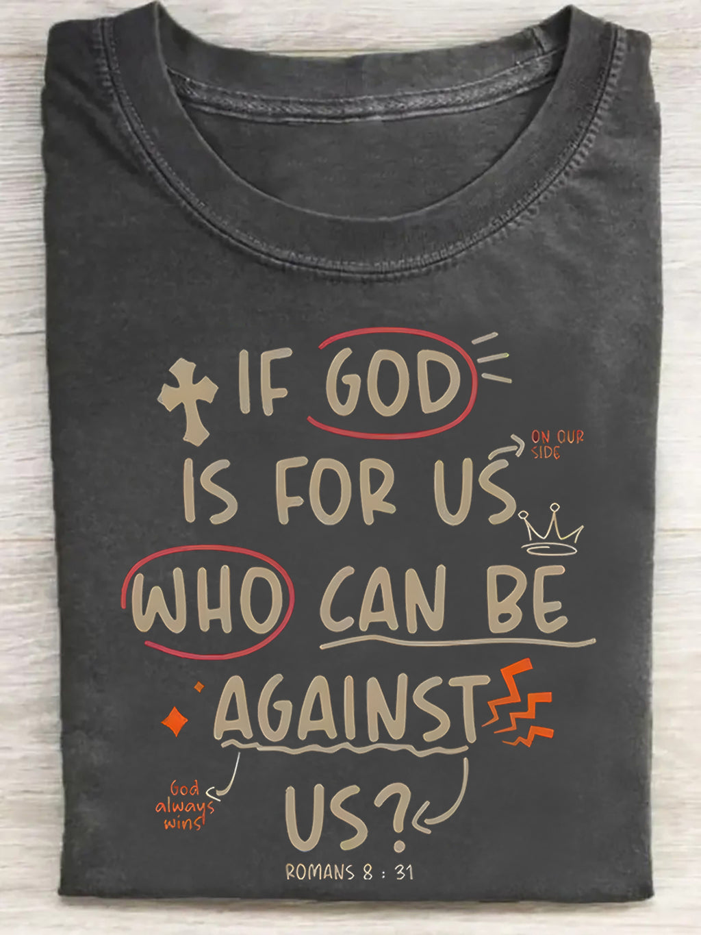 Men's Heavy Washed Christian T-Shirt with Romans 8:31 Verse - Soft Brown Distressed Short Sleeve, Loose Fit Breathable Fabric Suitable for Gym, Travel, Church & Daily Wear - All-Season Faith-Based Gift for Men