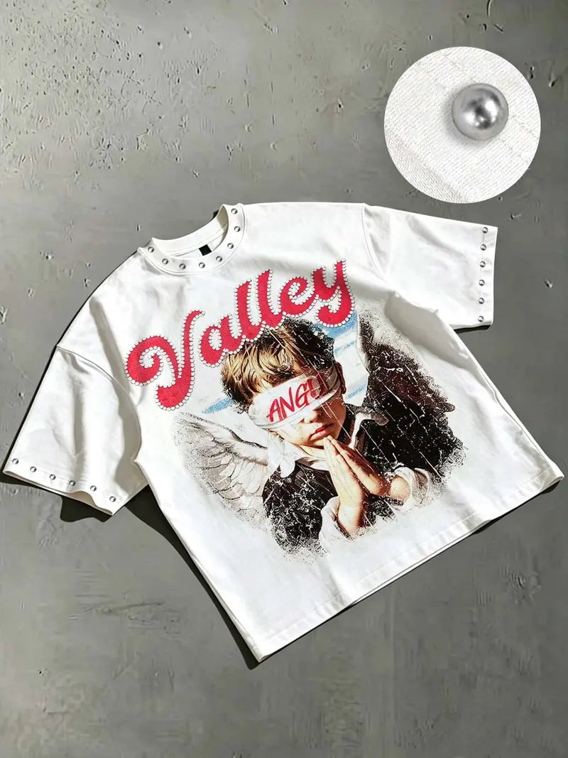 American High-Street Vintage Studded T-Shirt – Oversized Drop-Shoulder Fit with Distressed Cracked-Effect Angel Print