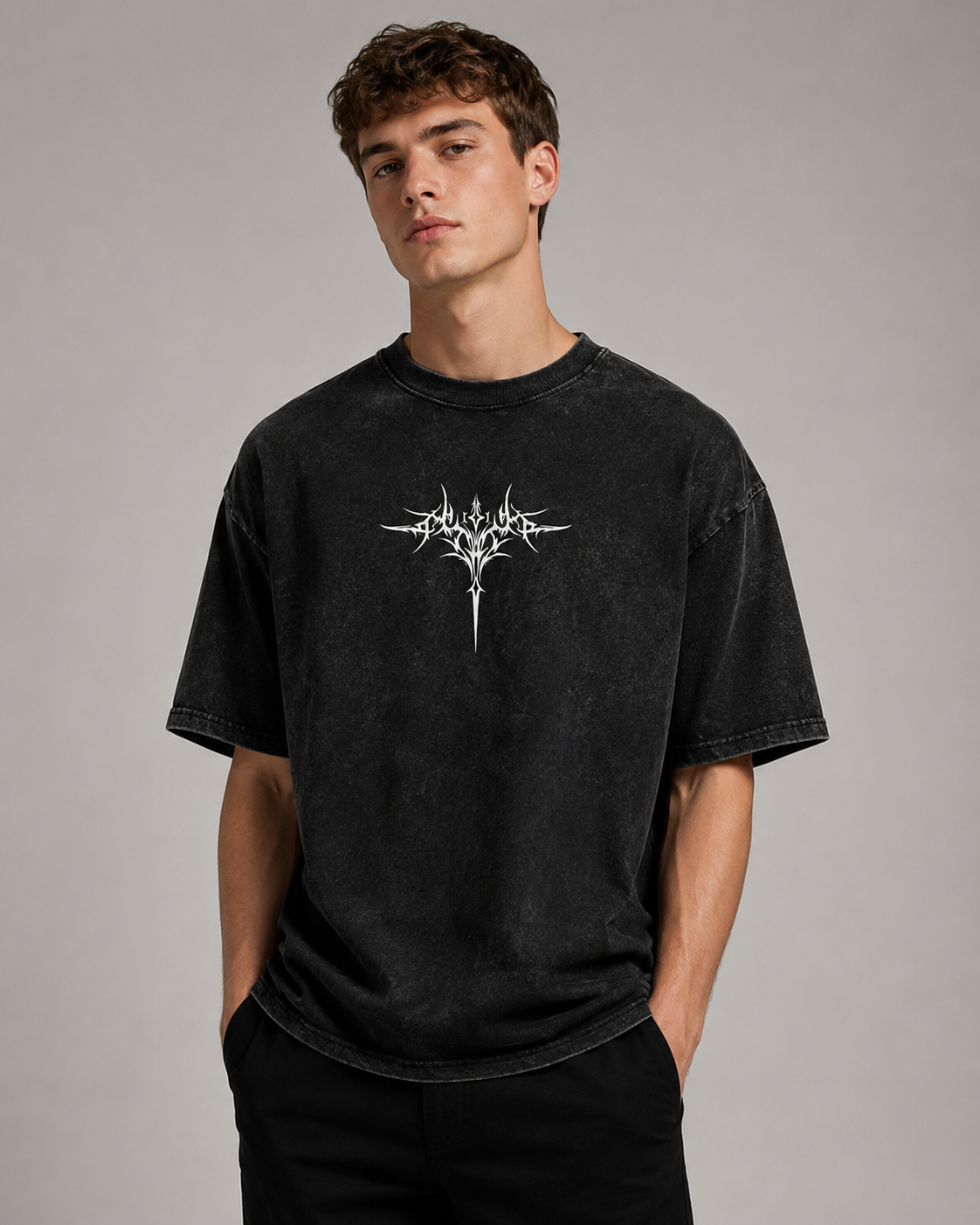 Vintage-Wash Distressed Short-Sleeve T-Shirt | Gothic Thorn Cross Double-Sided Print | Dark Subculture Style | Unisex Oversized Fit