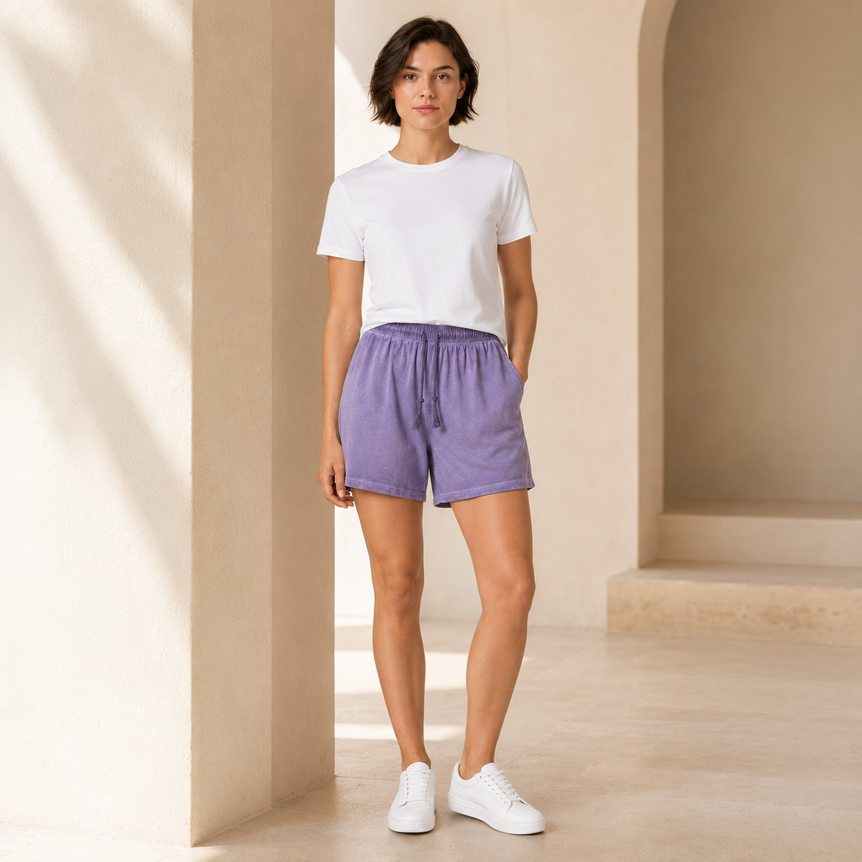 American vintage-style "dirty wash" shorts; distressed, faded, cotton-feel athletic shorts; versatile, casual unisex style.