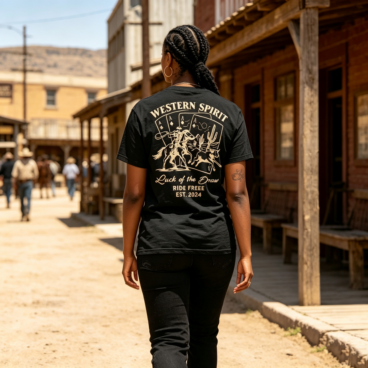 Western Spirit Women's Short-Sleeve Cotton T-Shirt – Double-Sided Print (Playing Cards & Cactus / Vintage Western Style)