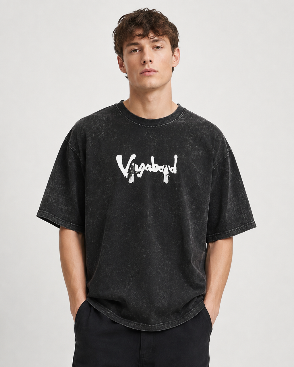 Vintage-Wash Short-Sleeve T-Shirt | "Vagabond" Samurai & Peony Double-Sided Art Print | Unisex Oversized Fit