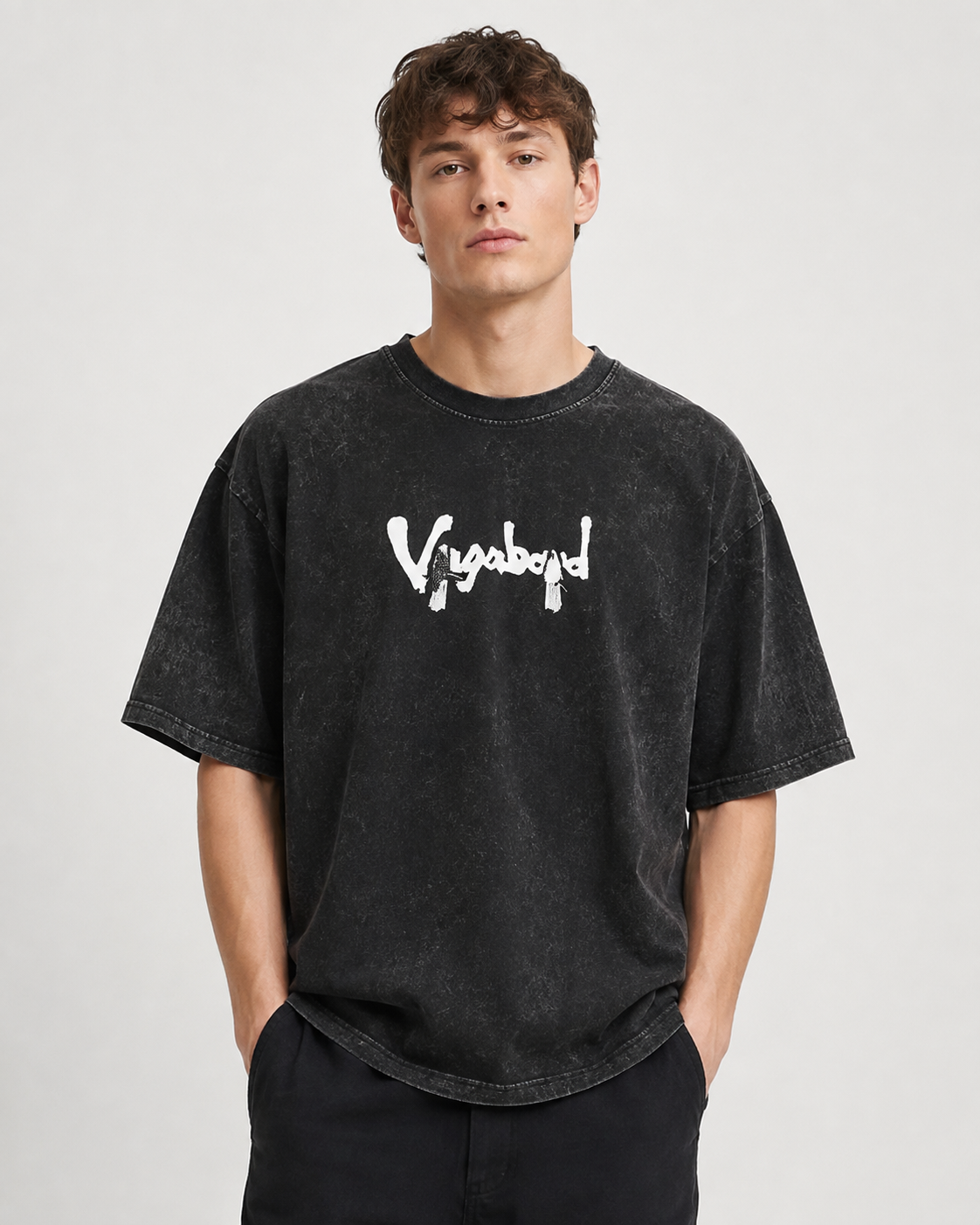 Vintage-Wash Short-Sleeve T-Shirt | "Vagabond" Samurai & Peony Double-Sided Art Print | Unisex Oversized Fit