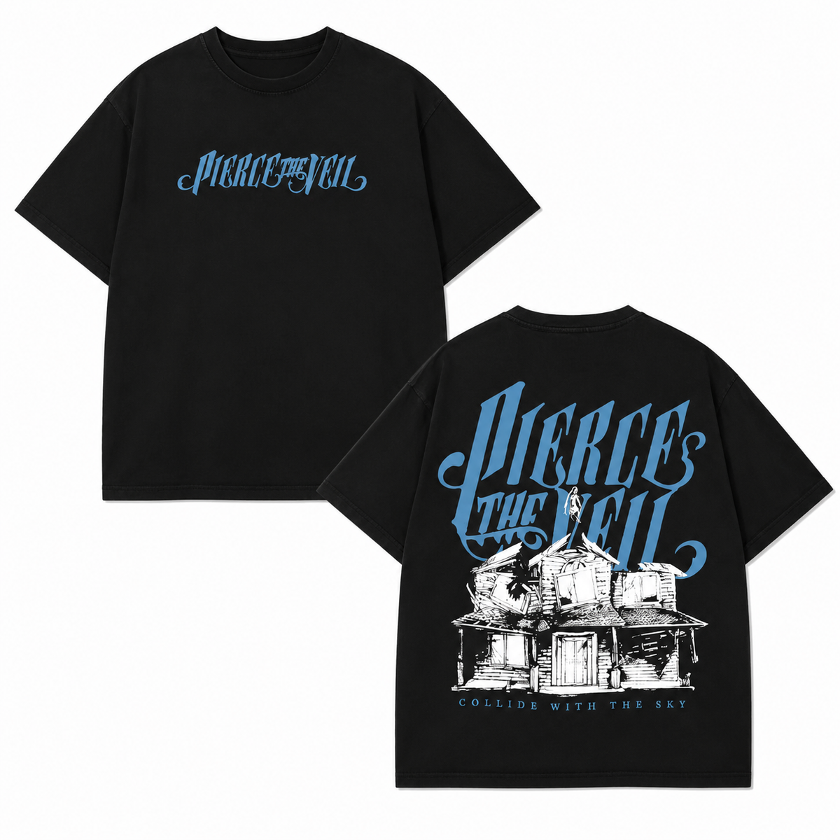 American-style distressed black short-sleeve T-shirt: 100% cotton, oversized fit, double-sided print—a casual tee for fans and collectors.