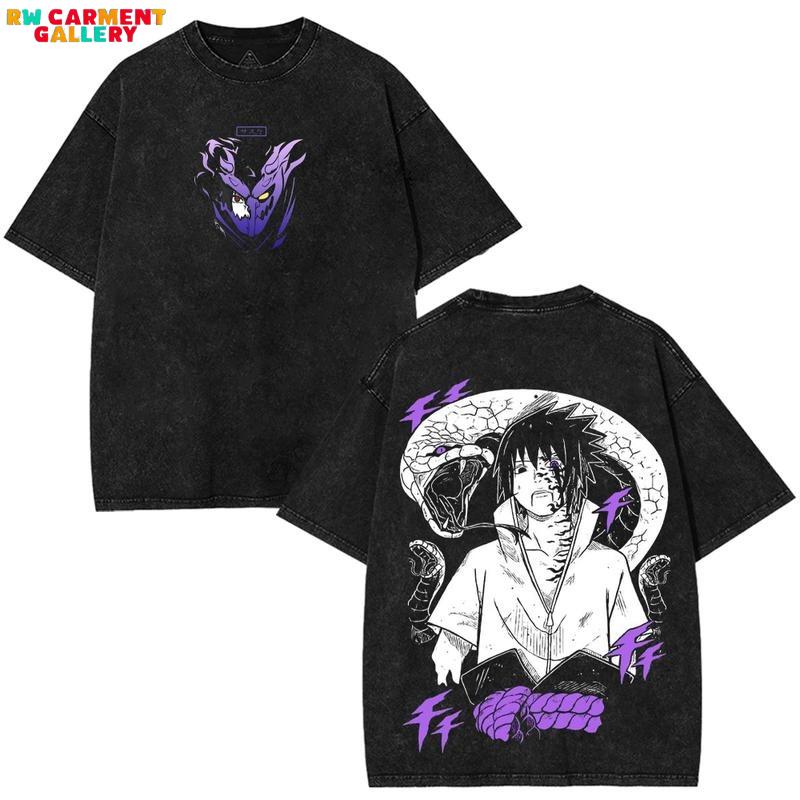 Sasuke Oversized Y2K Vintage Washed Cotton T-Shirt, Naruto Anime Double-Sided Printed Graphic Tee, Retro Casual Unisex Oversize Anime Manga Acid Wash Streetwear, Otaku Top Fit, Gift For Anime Fan Manga Lover