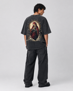 American-style vintage-wash heavyweight T-shirt featuring a Sacred Heart of the Virgin Mary print; unisex, loose-fitting, Gothic retro style.