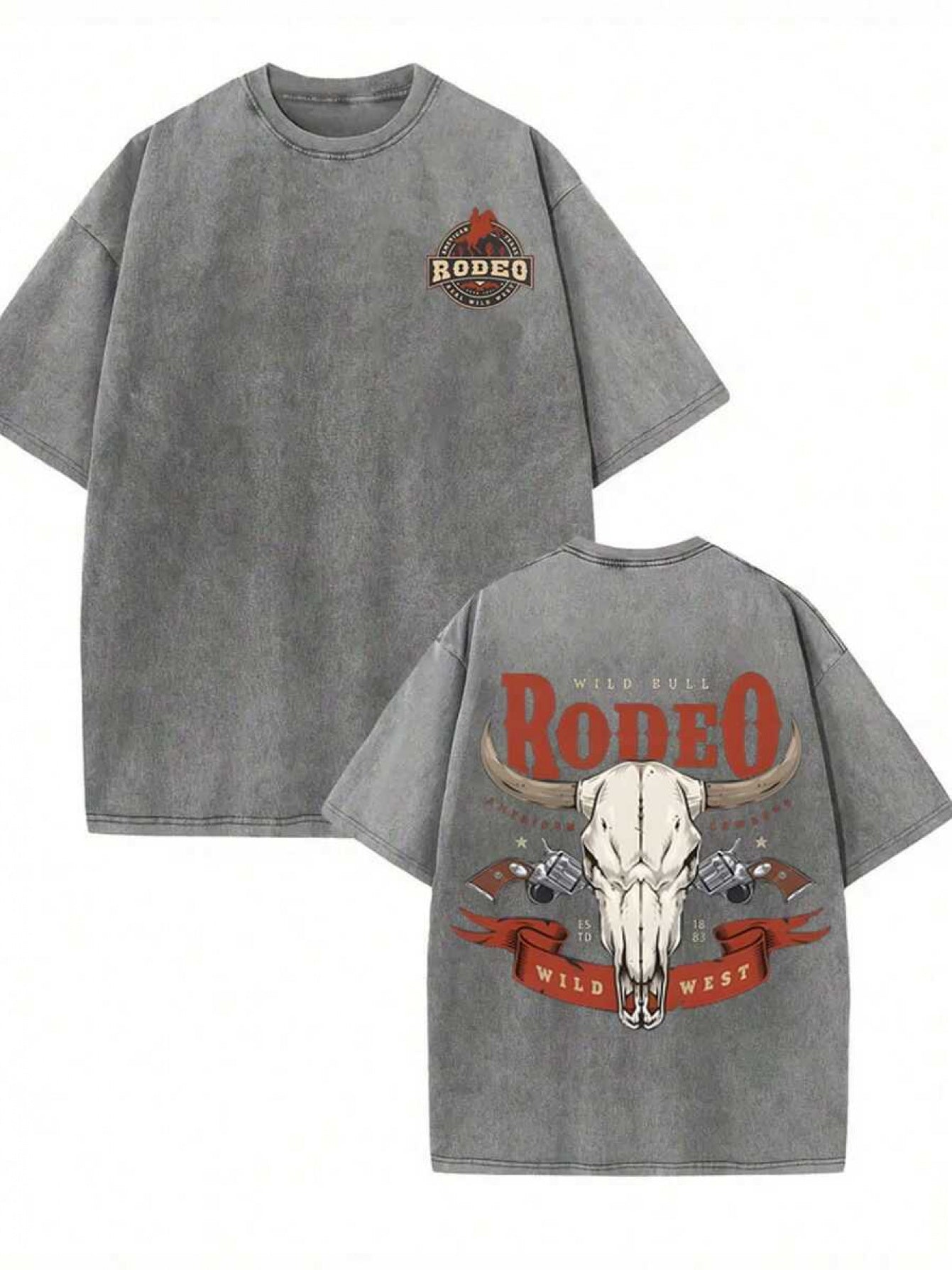 Men'S Western Cowboy Rodeo Graphic T-Shirt - Heavyweight 230gsm Washed Retro Cowboy Print with Bull Skull & Rodeo Design