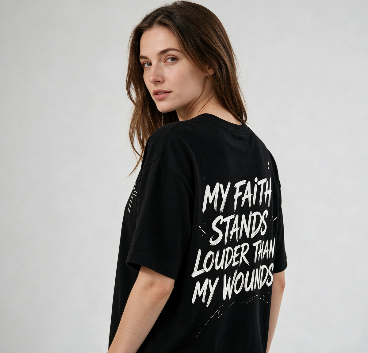 Women's Loose Oversized Cotton T-Shirt with Double-Sided Cross & Faith Slogan Print – Inspirational Short-Sleeve Tee