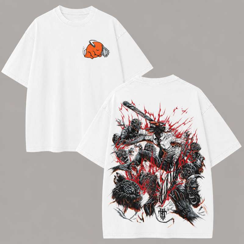 Vintage-Wash Short-Sleeve T-Shirt | *Chainsaw Man* Pochita Dark Manga Double-Sided Print (Oversized/Unisex)