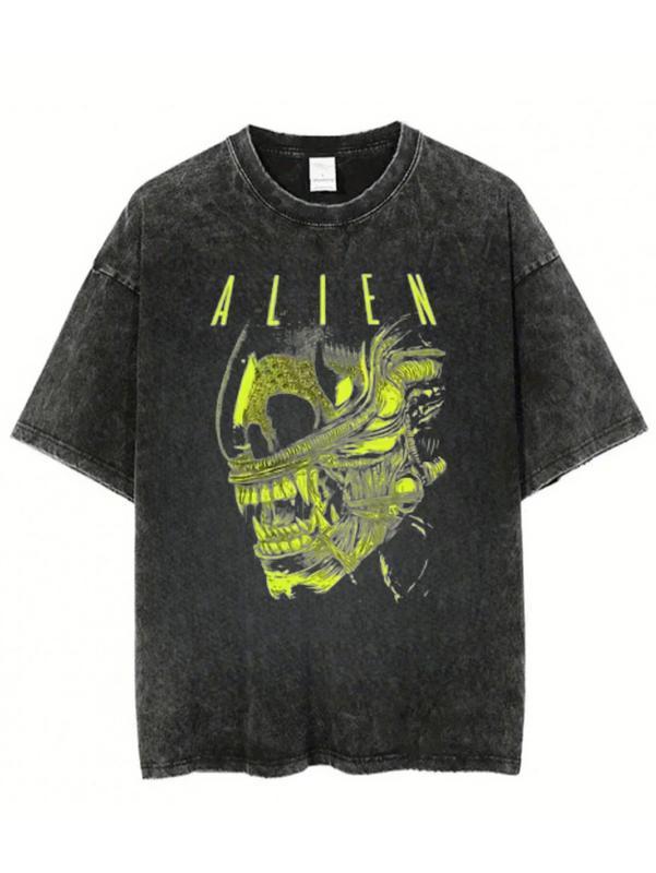 Xenomorph Essential Alien Mencosy woman Men Washed Hot stamping Print T-Shirt, Harajuku Cotton Tshirt Summer Short Sleeve Tees