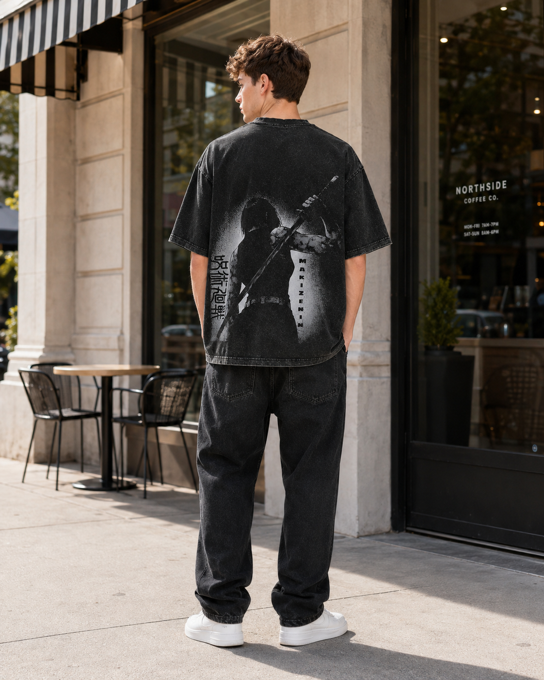 American-style acid-washed distressed *Jujutsu Kaisen* Maki Zenin graphic T-shirt (front & back print); heavyweight, oversized, dark-aesthetic anime tee—unisex vintage style.