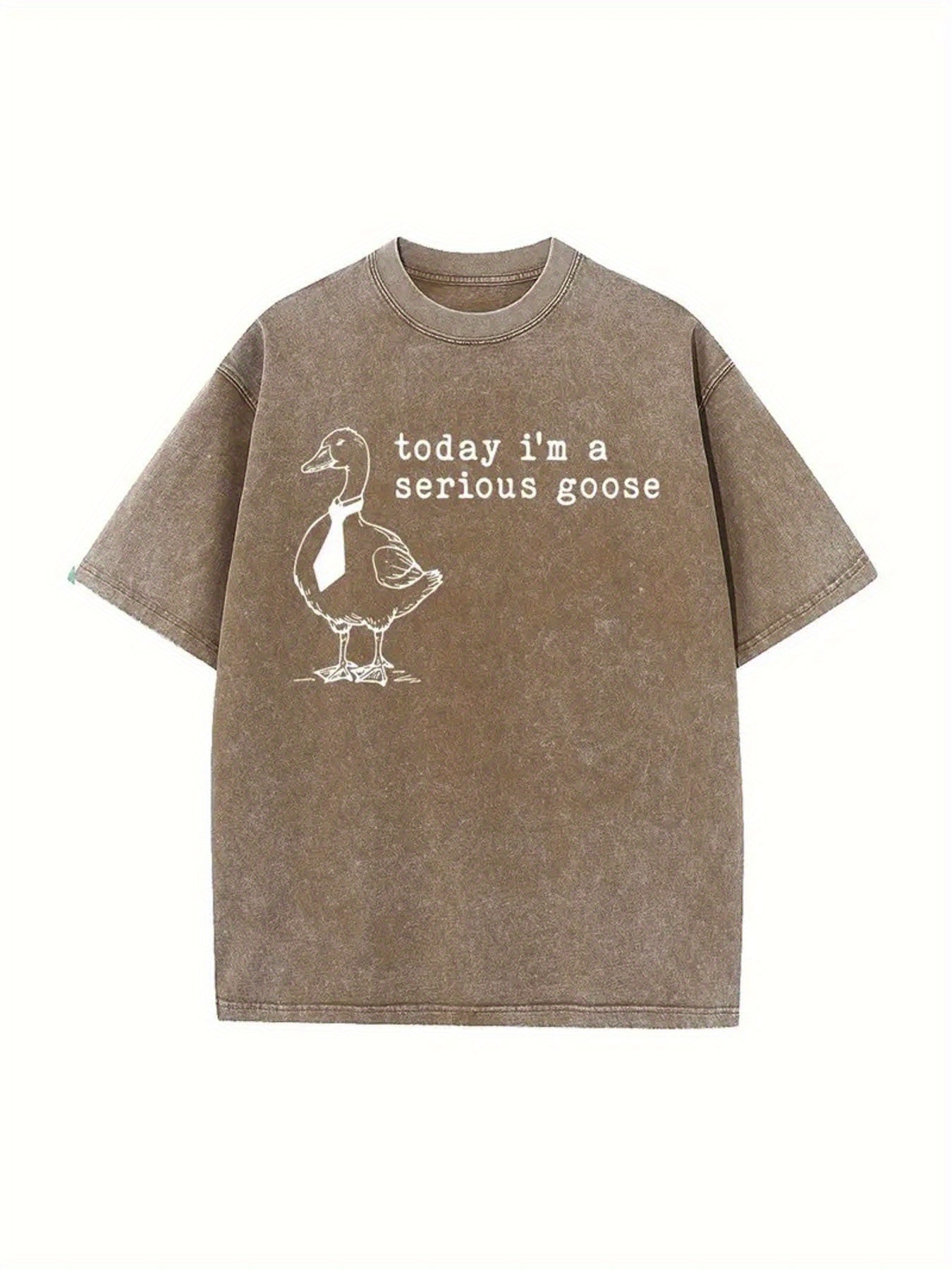 1pc Funny "Today I Am A Serious Goose" T-Shirt - 230g Washed Cotton Vintage Tee with Wax Print, Casual Crew Neck Shirt Suitable for Adults, Machine Washable Humorous Gift for Year-Round Wear