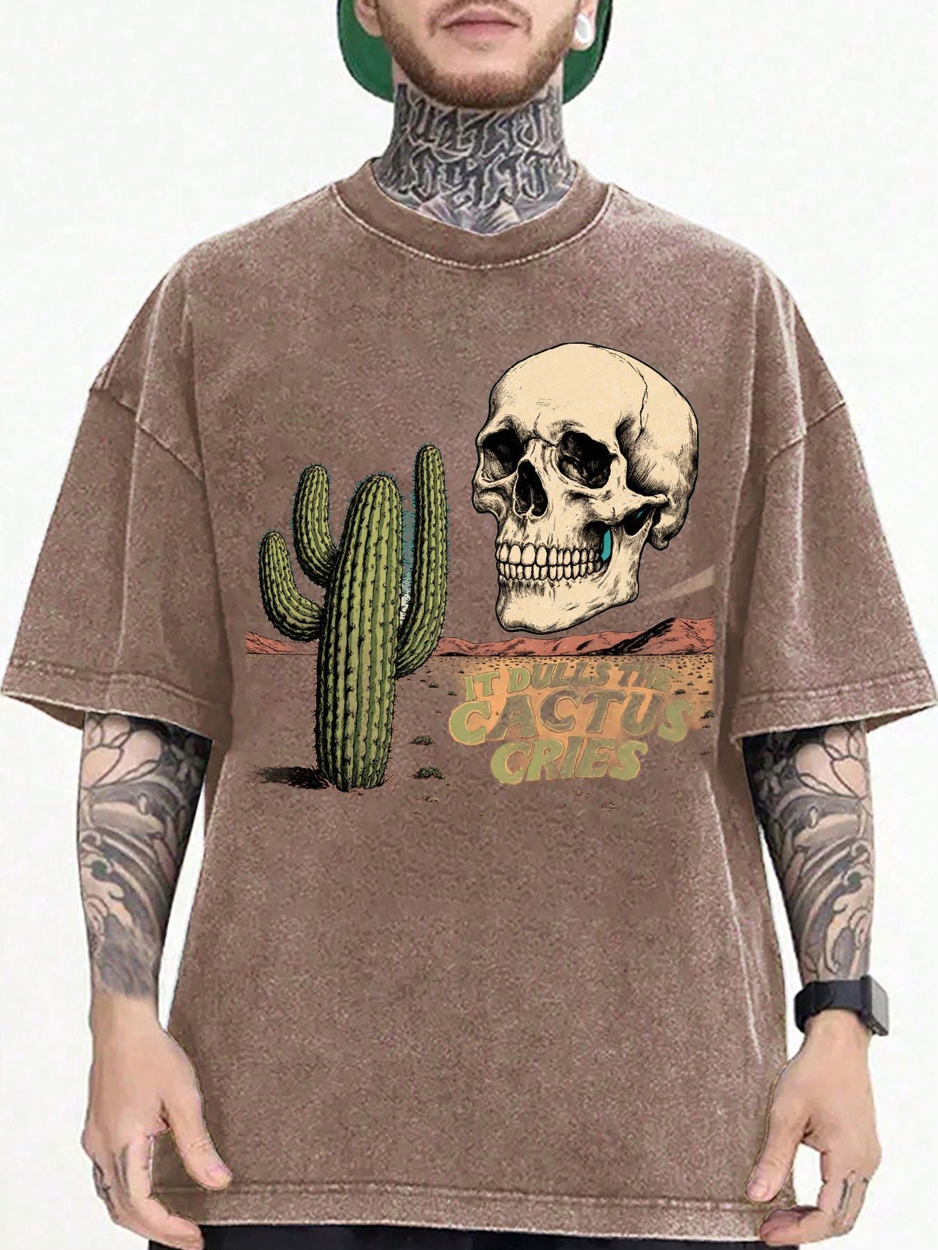 Men'S 100% Vintage Washed Black T-Shirt | Distressed Acid Wash Desert Skull & Crying Cactus Pattern "When the Cactus Cries", Loose Fit Drop Shoulder Crew Neck, Breathable Casual Street Style Shirt for Men1:1