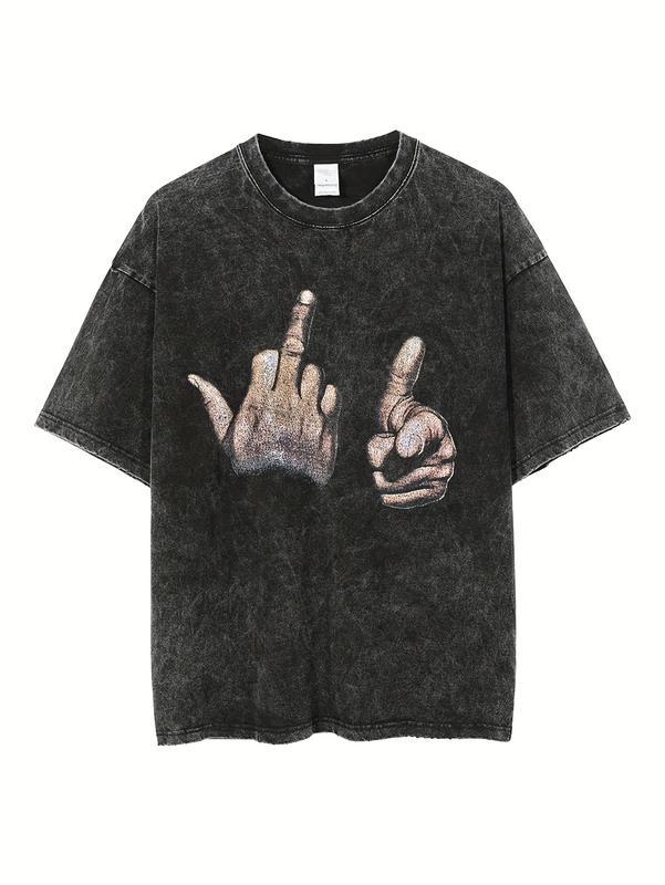 Couples Retro Washed Print T Shirt Featuring Hand Gestures Graphic Distressed Texture Round Neck Short Sleeve Oversized Fit Relaxed Hem Style Unisex Casual Top