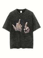 Couples Retro Washed Print T Shirt Featuring Hand Gestures Graphic Distressed Texture Round Neck Short Sleeve Oversized Fit Relaxed Hem Style Unisex Casual Top