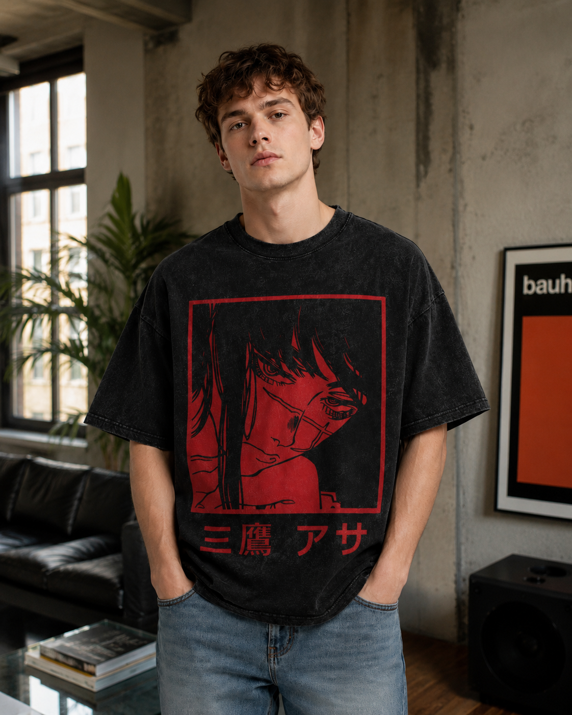 American-style acid-washed distressed short-sleeved T-shirt with red border and Japanese anime girl print. Heavyweight retro wash, oversized, loose fit, unisex.