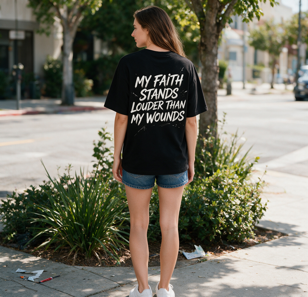 Women's Loose Oversized Cotton T-Shirt with Double-Sided Cross & Faith Slogan Print – Inspirational Short-Sleeve Tee