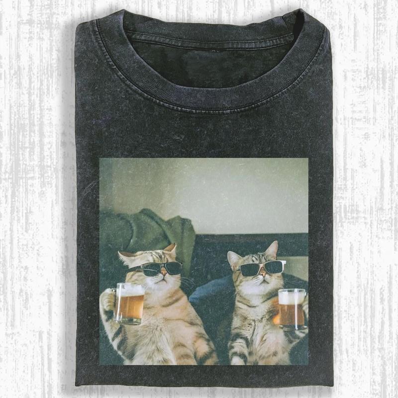 Funny Cat Vintage Washed Crew Neck Tee Heavyweight(280g) Regular Fit Casual Comfort Breathable Short Sleeve Funny T-shirts for Summer Fashion Men&Women's Top for Daily Wear 06203