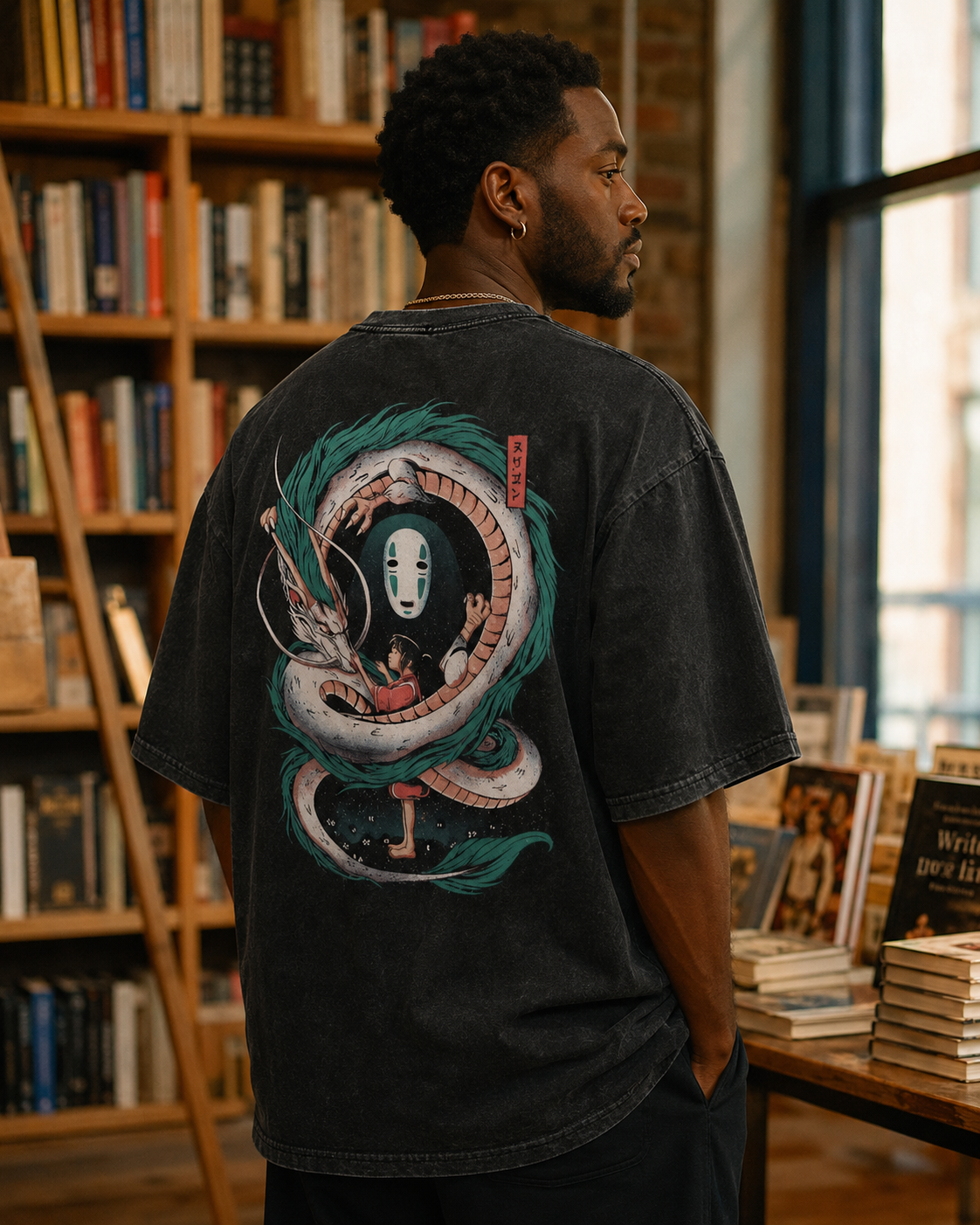 Vintage-Wash Short-Sleeve T-Shirt | *Spirited Away* Double-Sided Print (Haku & No-Face) | Oversized Unisex Tee