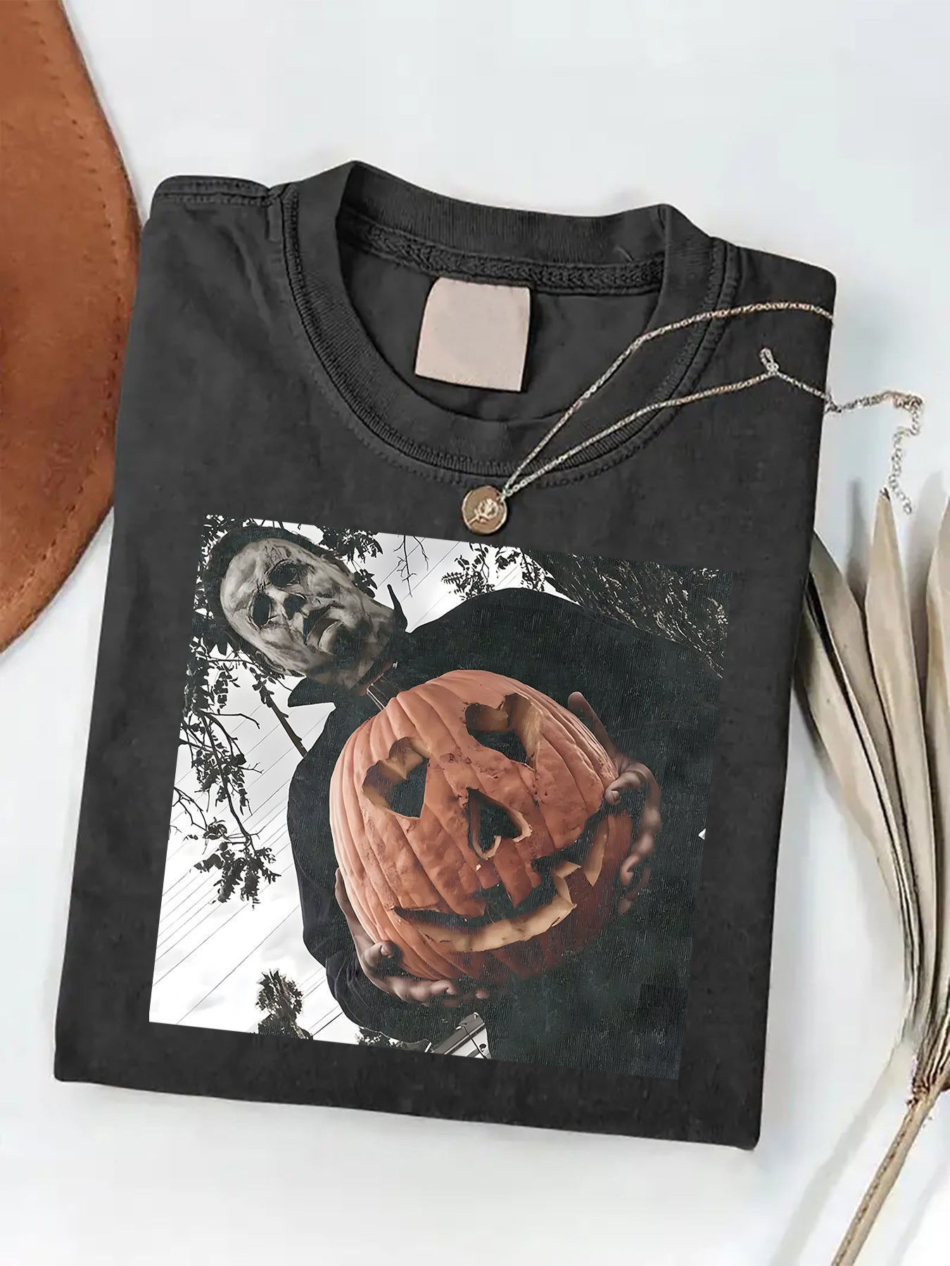 Men'S Heavyweight 230gsm Vintage Washed Batik T-Shirt - Halloween Pumpkin & Jack-O'-Lantern Print, Round Neck Casual Tee for Year-Round Wear, Spooky Season Outfits & Everyday (Machine Washable) - Adult Men'S Fashion Apparel