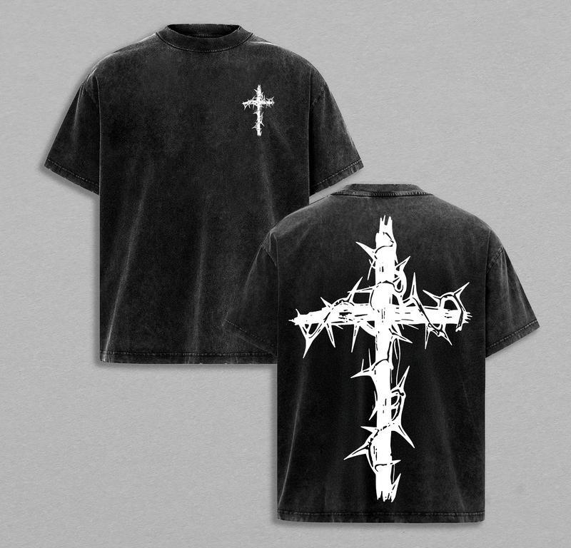 Vintage-Wash Short-Sleeve T-Shirt | Double-Sided Thorn Cross Print | Dark Religious Aesthetic | Oversized Unisex Fit