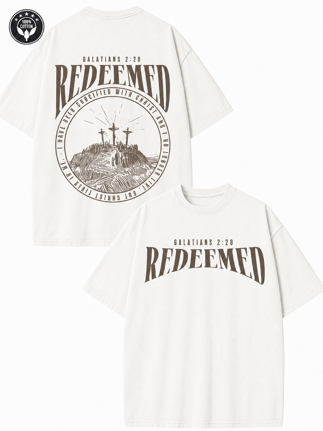 American-style acid-washed distressed short-sleeved shirt with Galatians verse and cross print on the front and back. Heavy wash, oversized, unisex religious T-shirt.