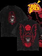 Men's Anime Manga T-Shirt - Red Four-Leaf Clover & Japanese Character Print, Vintage Washed Cosplay Streetwear