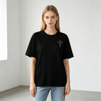 Women's Loose Oversized Cotton T-Shirt with Double-Sided Cross & Faith Slogan Print – Inspirational Short-Sleeve Tee