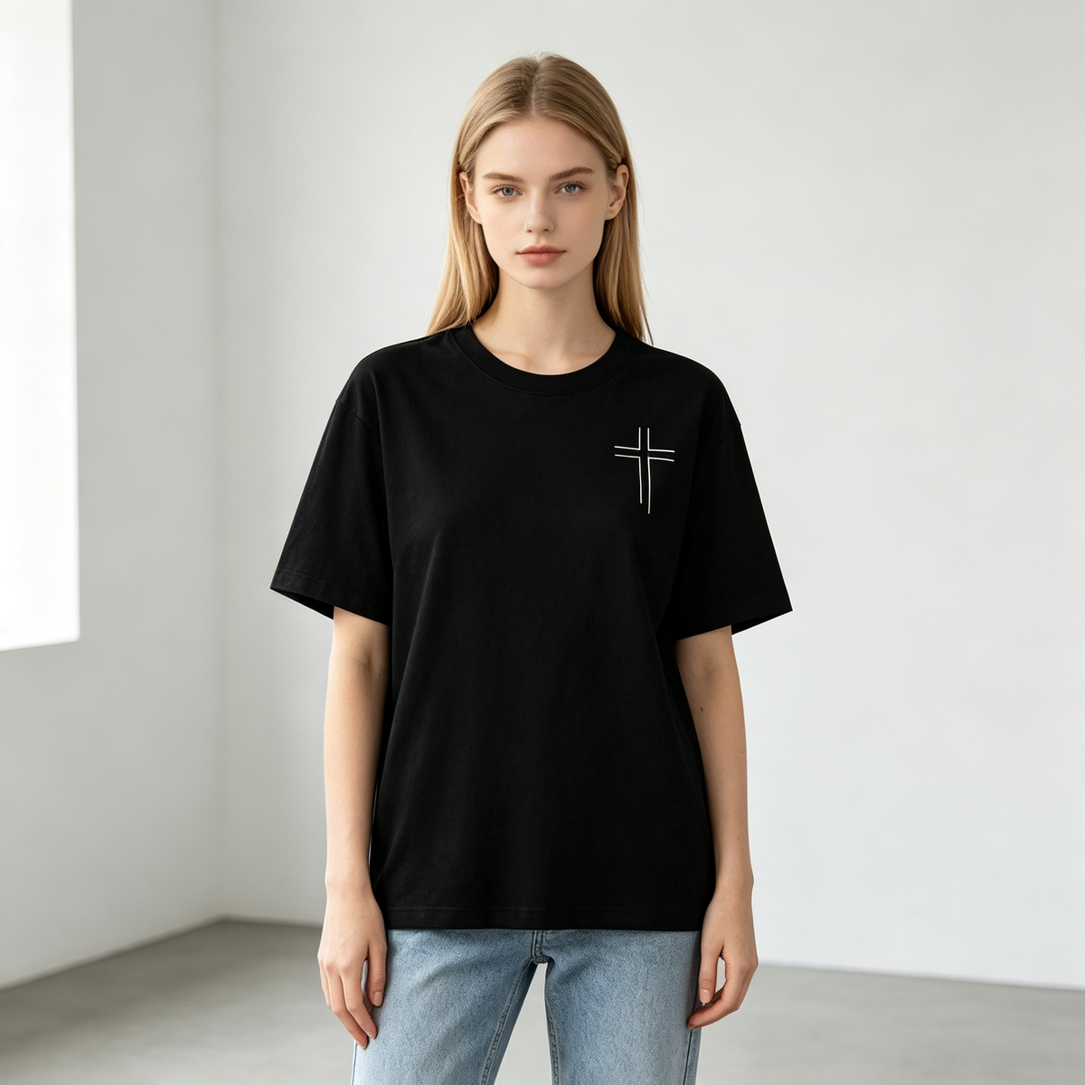 Women's Loose Oversized Cotton T-Shirt with Double-Sided Cross & Faith Slogan Print – Inspirational Short-Sleeve Tee