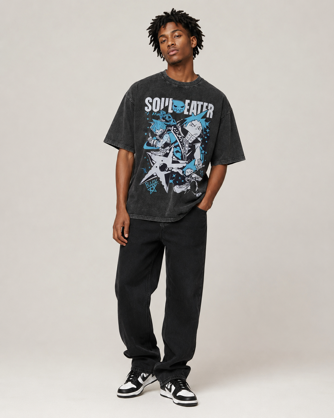 Vintage-Wash Oversized Short-Sleeve T-Shirt | Soul Eater Anime Print | Unisex American-Style Loose Fit