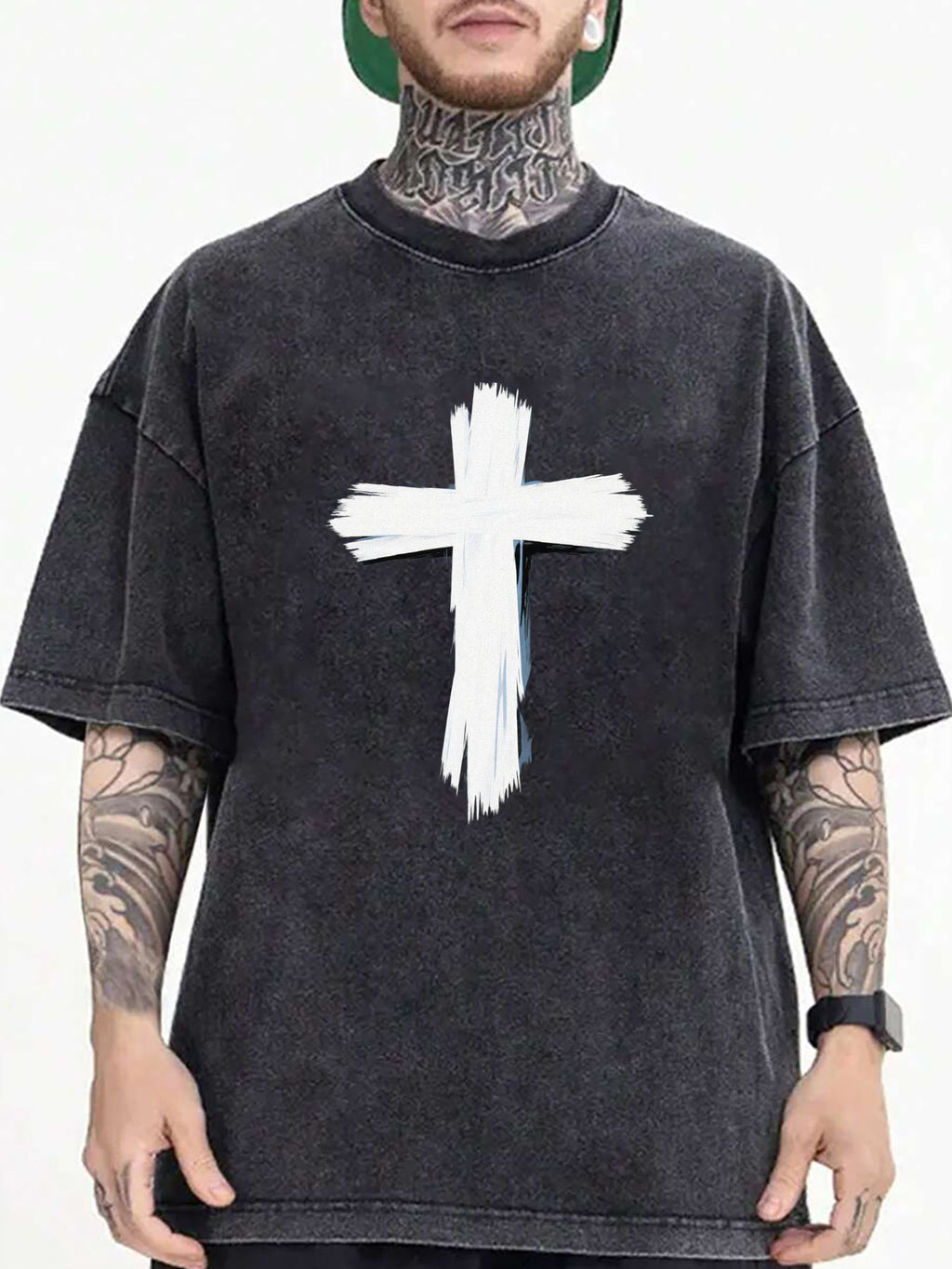 Men's 100% Cotton Vintage Distressed T-Shirt with White Cross Print - Soft Breathable Loose Fit Round Neck Short Sleeve, Beige Washed Retro Streetwear Tee Suitable for Hip Hop & Casual Wear, All-Season, Machine Washable