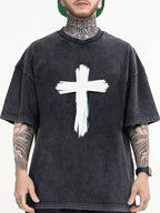 Men's 100% Cotton Vintage Distressed T-Shirt with White Cross Print - Soft Breathable Loose Fit Round Neck Short Sleeve, Beige Washed Retro Streetwear Tee Suitable for Hip Hop & Casual Wear, All-Season, Machine Washable