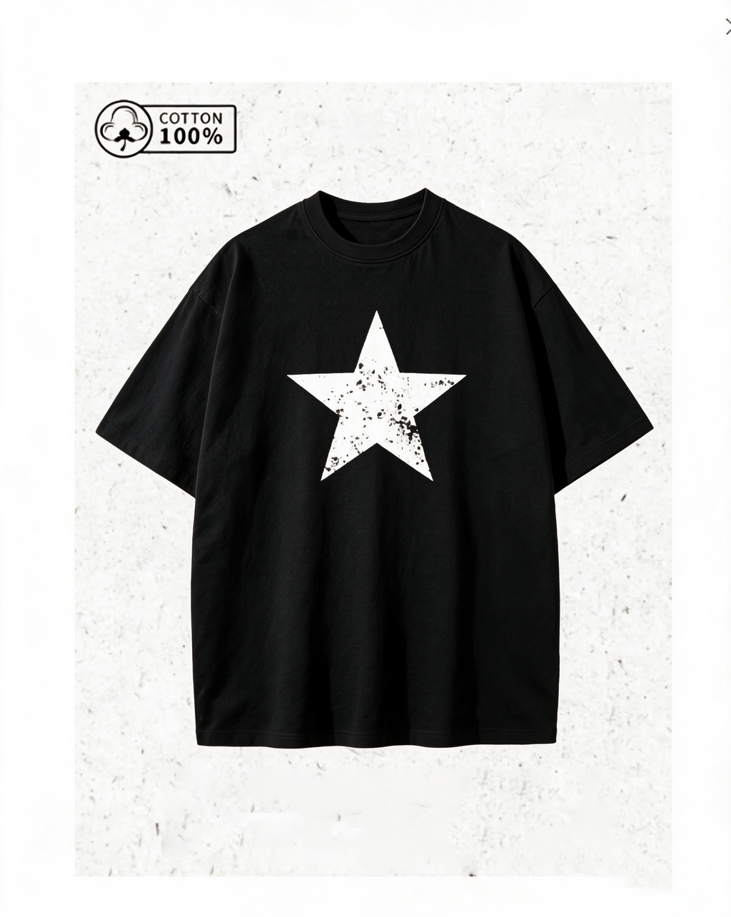 Vintage-style distressed star-print T-shirt – 100% cotton, black, oversized fit, short sleeves.