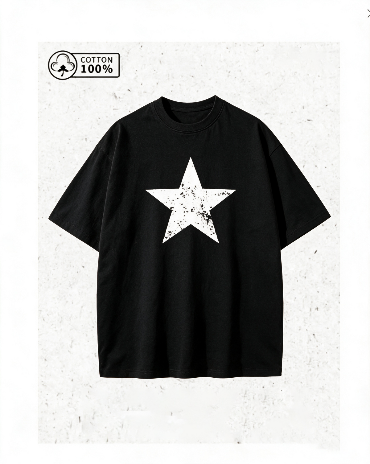 Vintage-style distressed star-print T-shirt – 100% cotton, black, oversized fit, short sleeves.