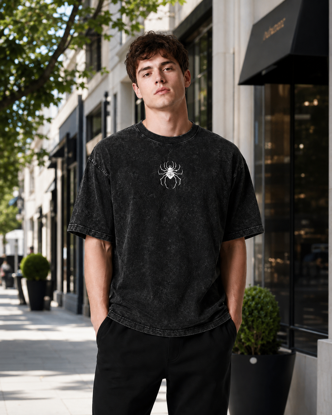 Vintage-Wash Short-Sleeve T-Shirt | Dark Subculture Graphic (Spider, Chains, Hands, Cross) — Double-Sided Print — Unisex Oversized Fit