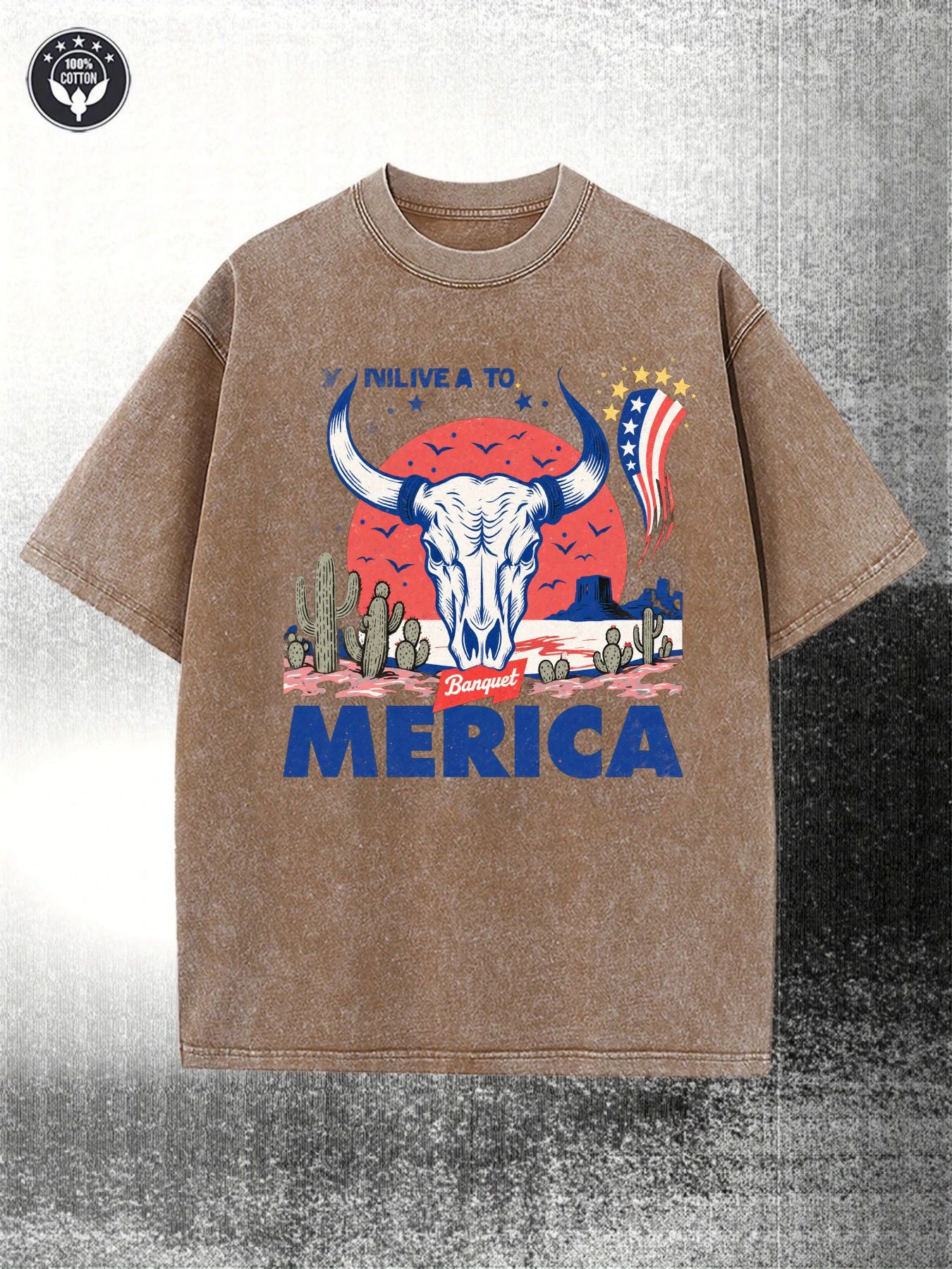 Men's Retro Western Patriotic 230G Heavy Washed with Cow Head and American Flag Pattern, Eye-Catching Merica Letters, Cactus and Cowboy Hat Design Red White Blue Casual Street Style, Suitable for July 4, Barbecue and Outdoor Activities(Re