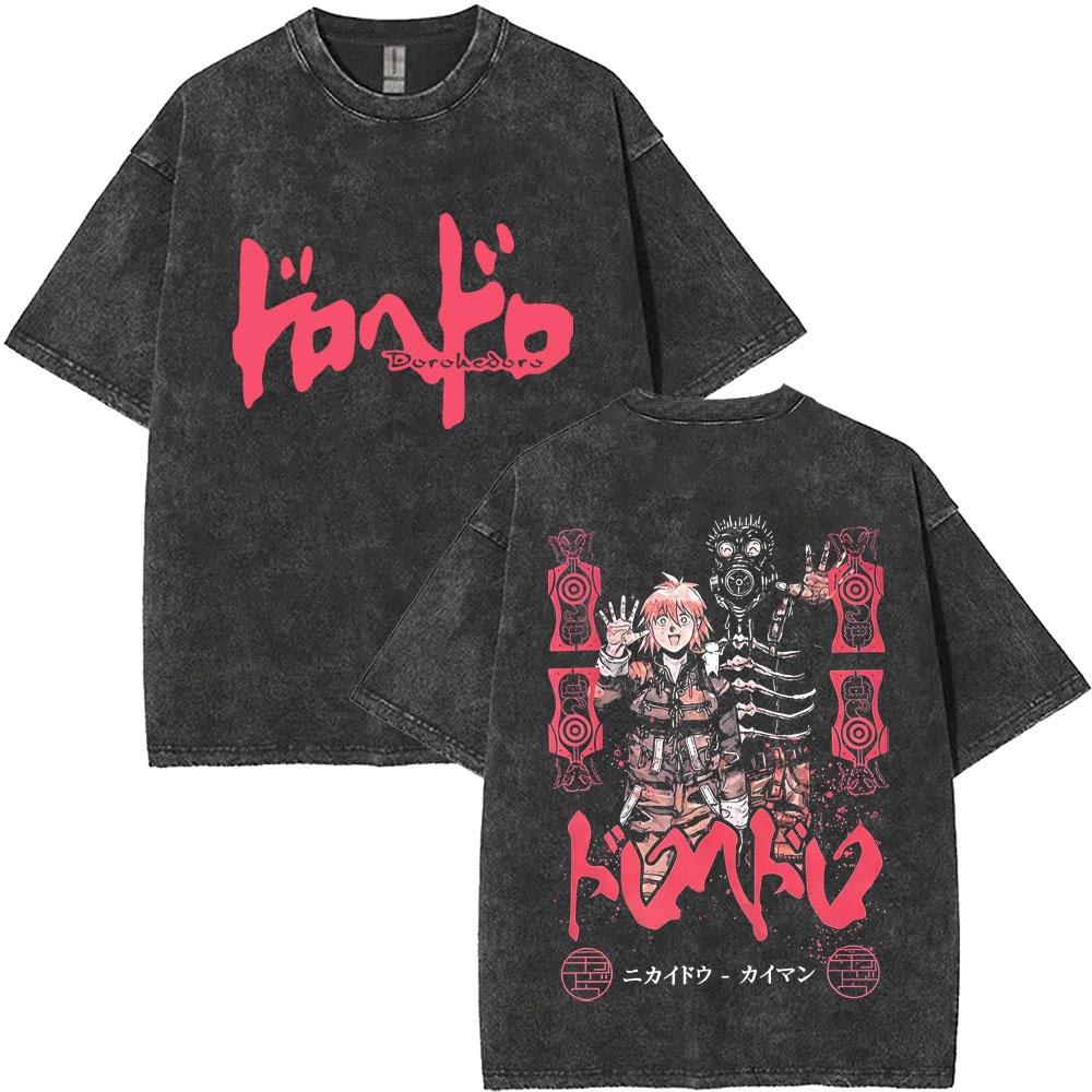 American-style acid-washed distressed alien-themed Shanghai print short-sleeved T-shirt, heavy-duty wash, oversized, dark anime style, unisex retro T-shirt.