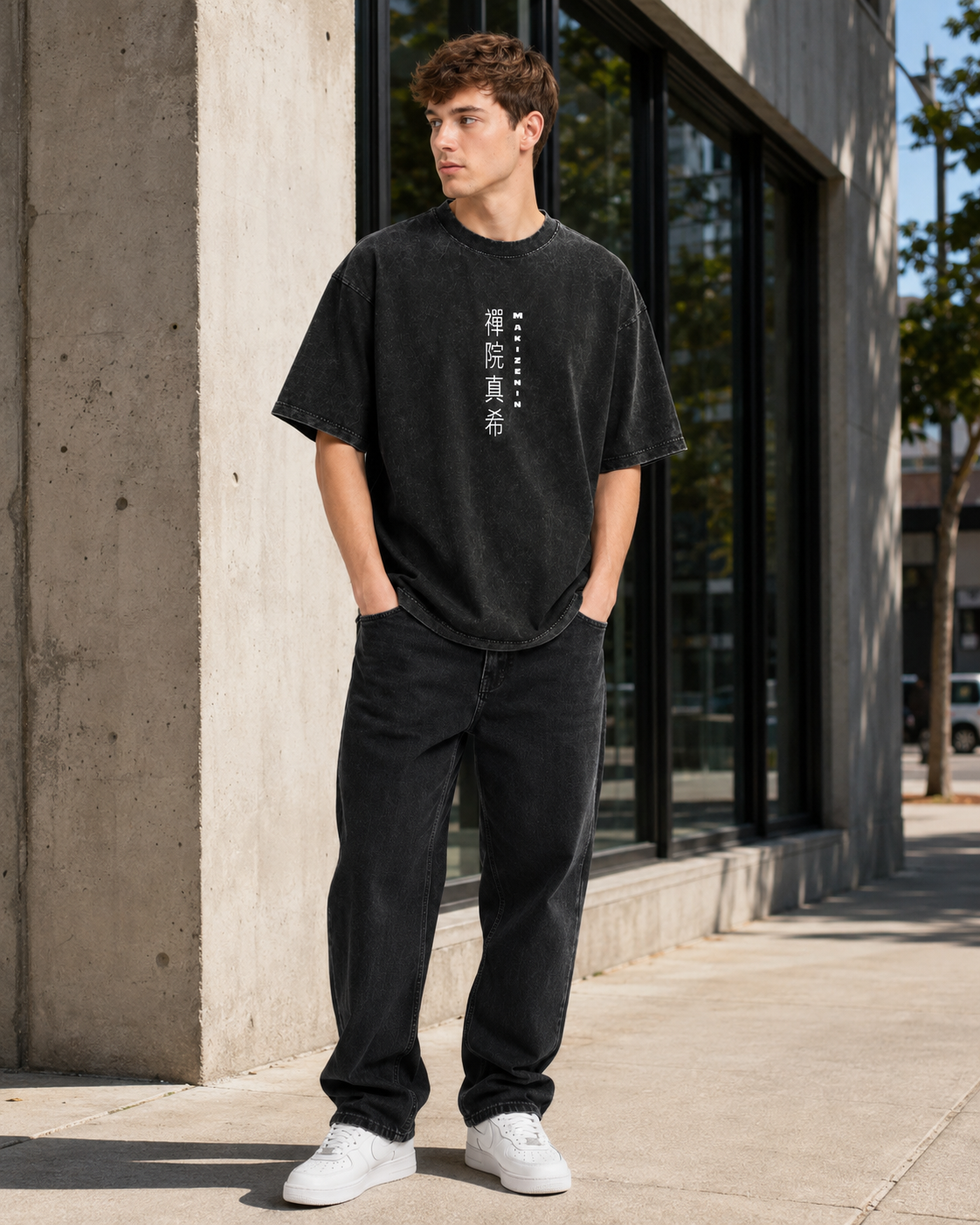 American-style acid-washed distressed *Jujutsu Kaisen* Maki Zenin graphic T-shirt (front & back print); heavyweight, oversized, dark-aesthetic anime tee—unisex vintage style.