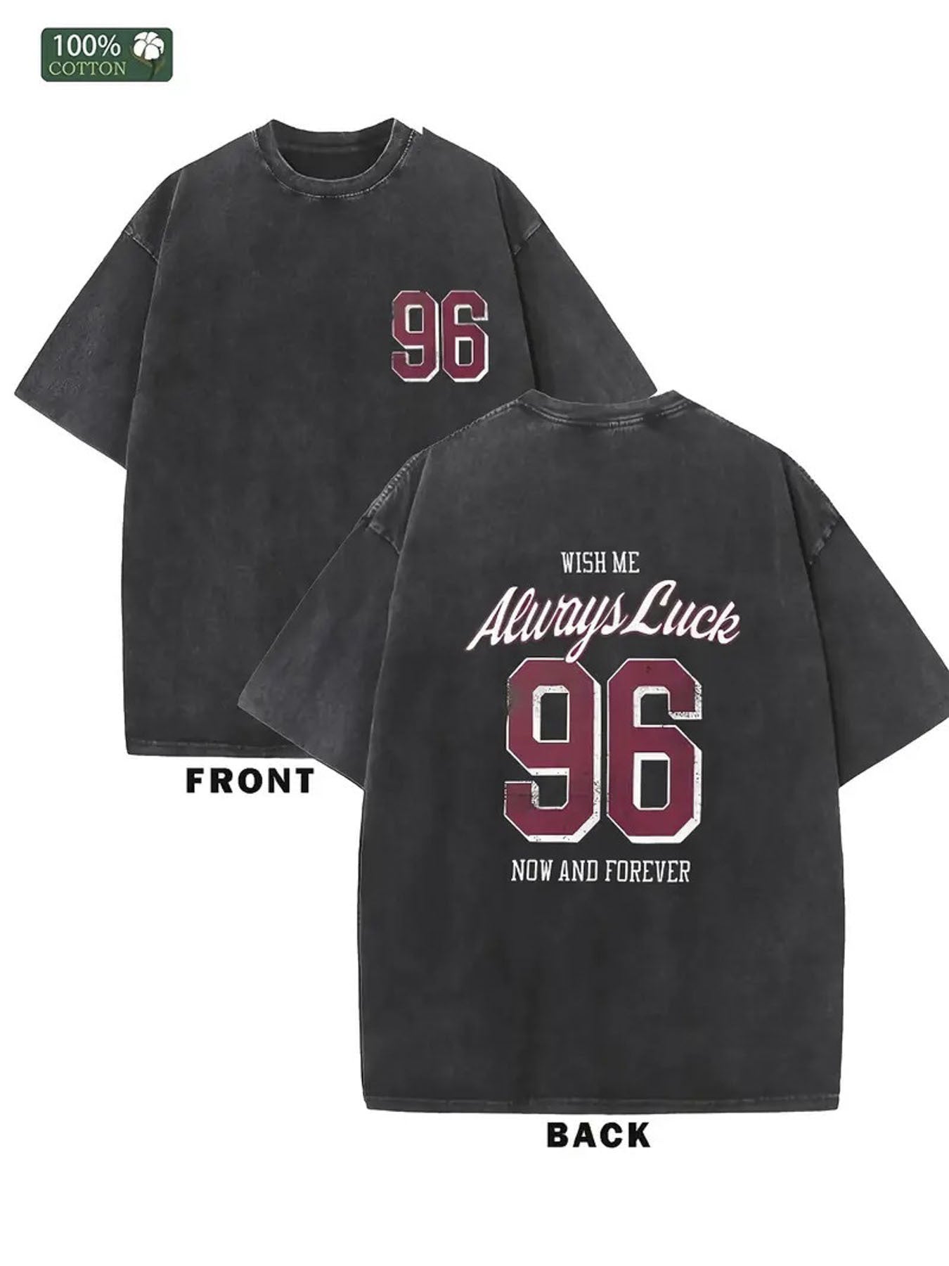 Men'S Heavyweight 230g 100% Vintage Washed T-Shirt with Number 96 Graphic Print - Double-Sided Soft Round Neck Casual Streetwear, All-Season Fit for Outdoor Travel & Casual Attire, Ideal Gift for Family, Friends, Colleagues (Front & Back Design)