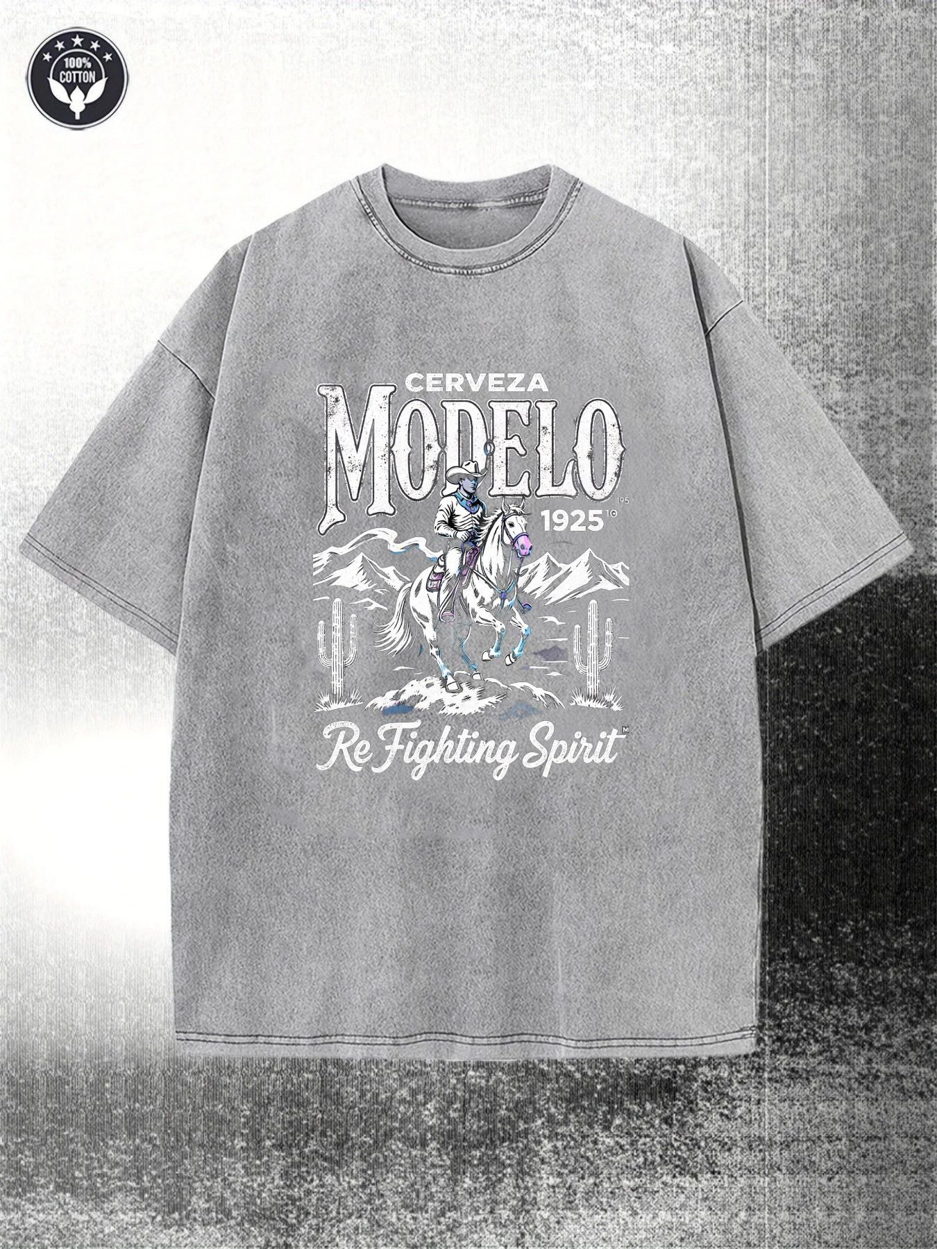 Men'S Vintage Western Pattern 230G Heavy Washed Embroidered Black Faded Denim & Cactus Desert Print T-Shirt | Crew Neck, Casual Short Sleeve, Suitable for Outdoor and Daily Wear, All-Season Streetwear with Cerveza 1925 & Re Fighting Spirit Design