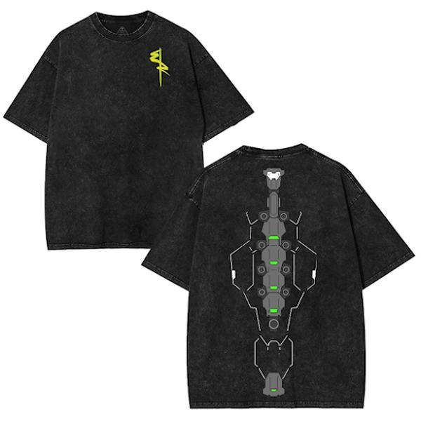 Vintage-Wash Short-Sleeve T-Shirt | Cyberpunk Mechanical Skeleton Double-Sided Techwear Print | Oversized Unisex Fit